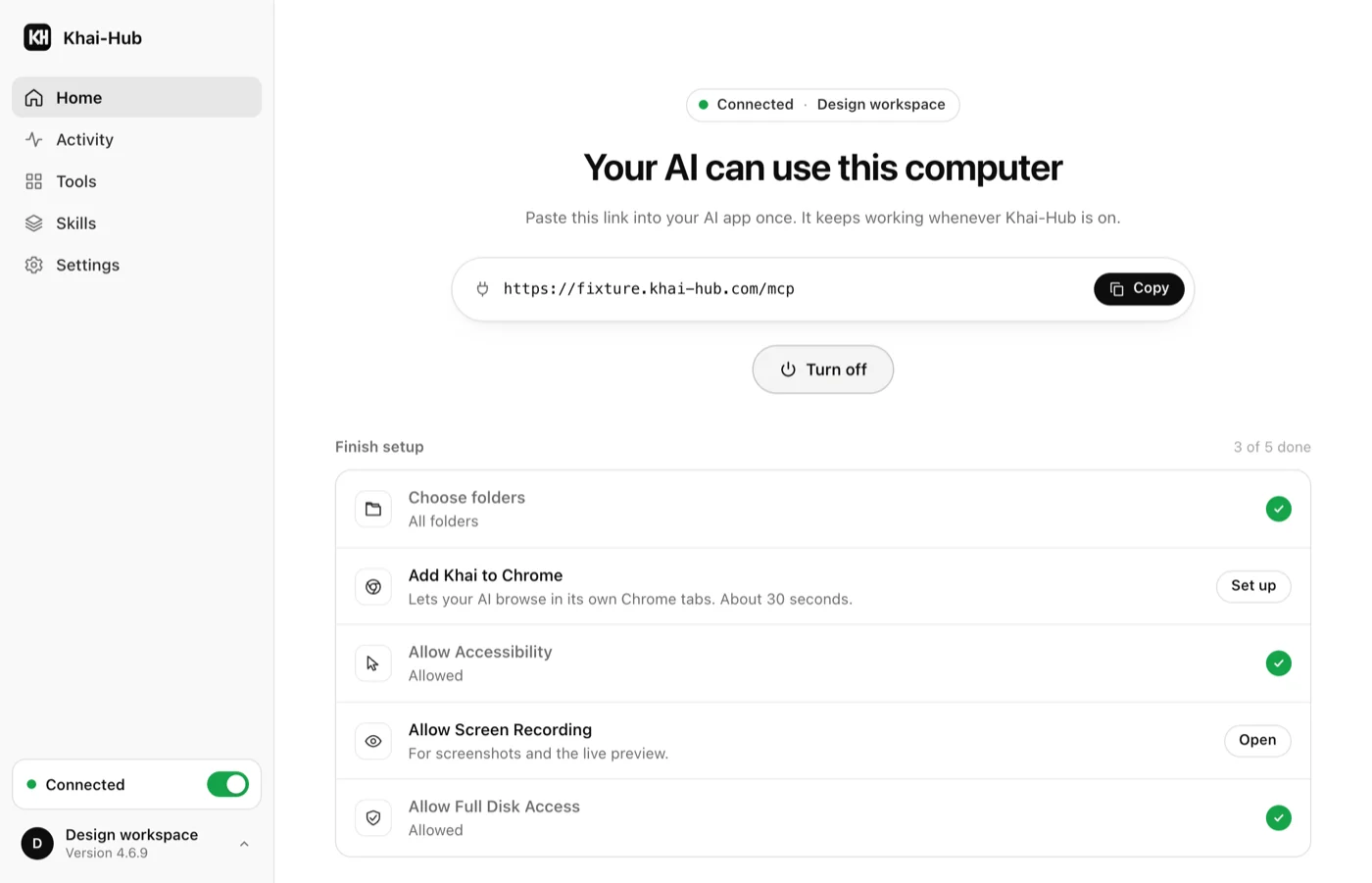 Khai-Hub is on and shows the link to copy
