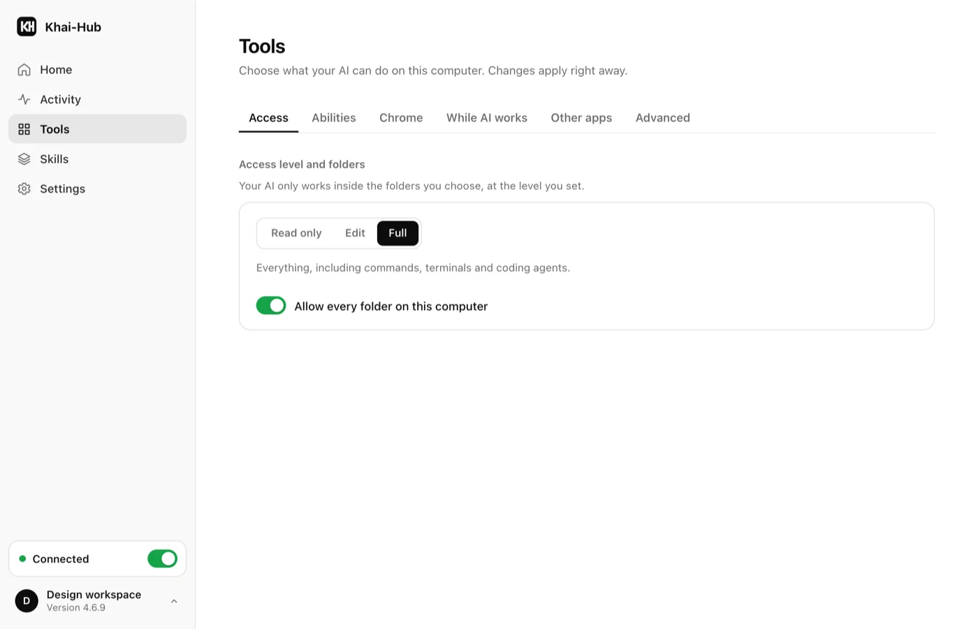 Tools: access level and folders