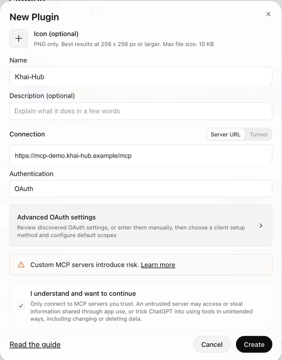 The new plugin form with the Khai-Hub link and OAuth