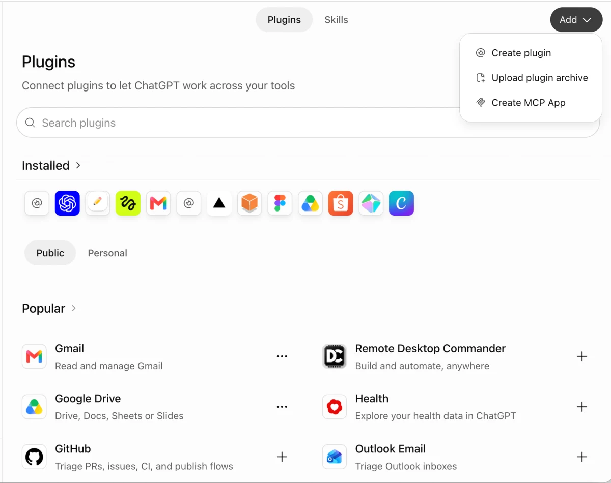 In ChatGPT, Plugins, then Add, then Create plugin